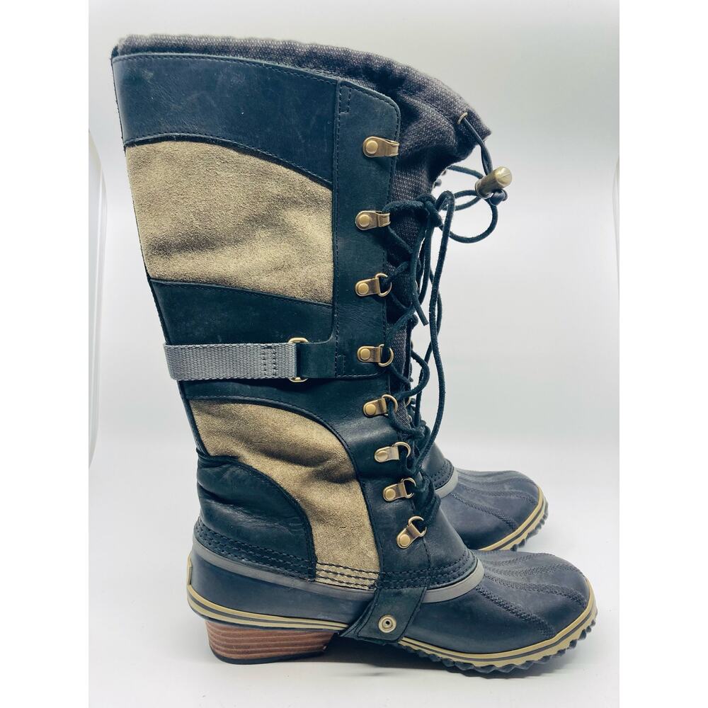 Sorel Conquest Carly Boot Womens 10 Knee High Waterproof Black Tan Leather